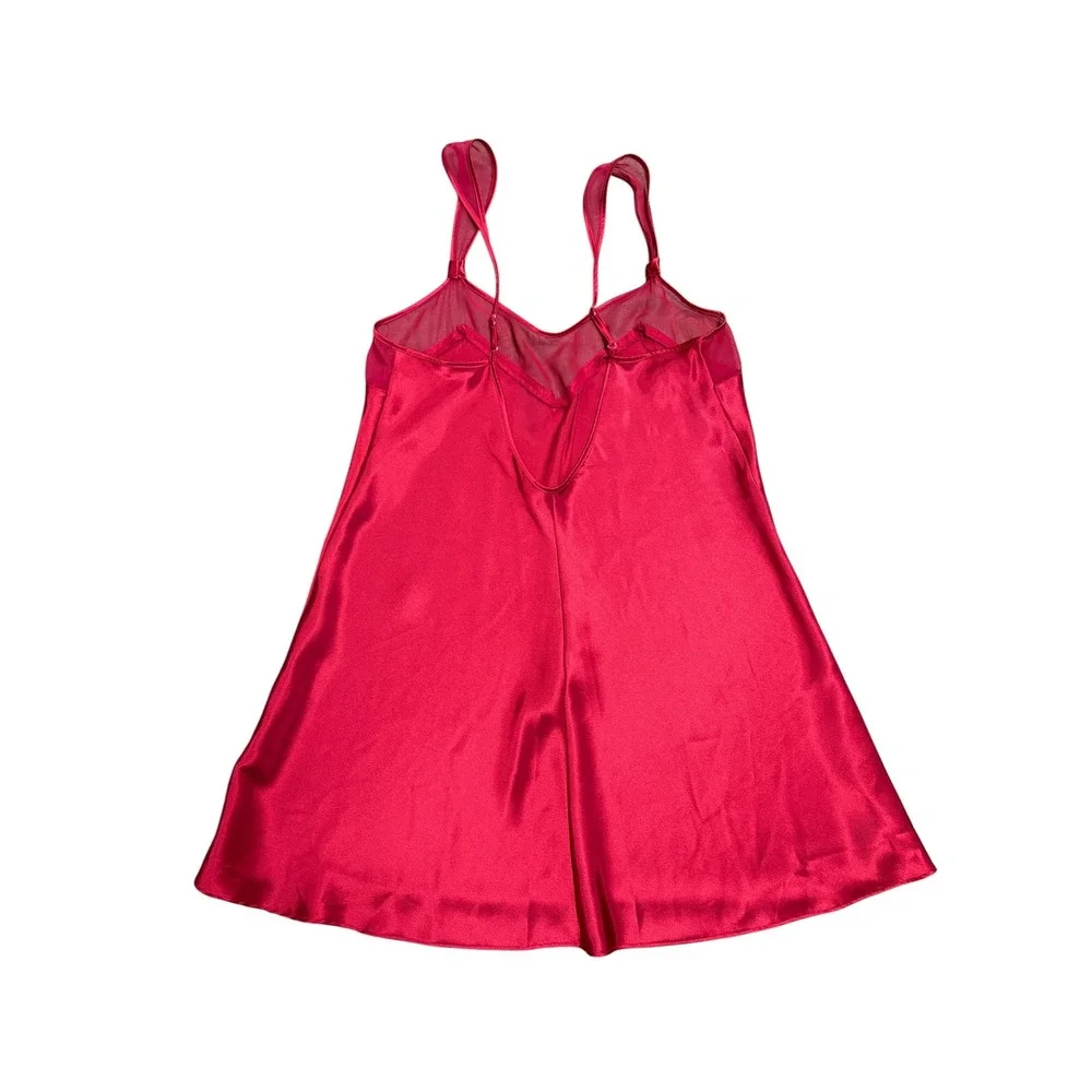 Private Luxuries Red Satin Chemise Nightgown Mesh Trim V-Neck Sleepwear XL